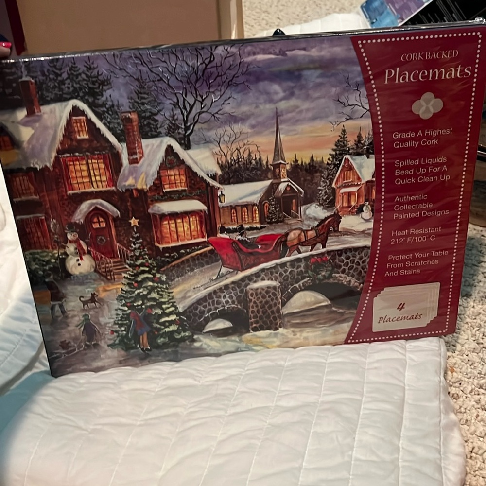 Benson Mills Christmas placemats Tree Fireplace Cork Placemats set of four